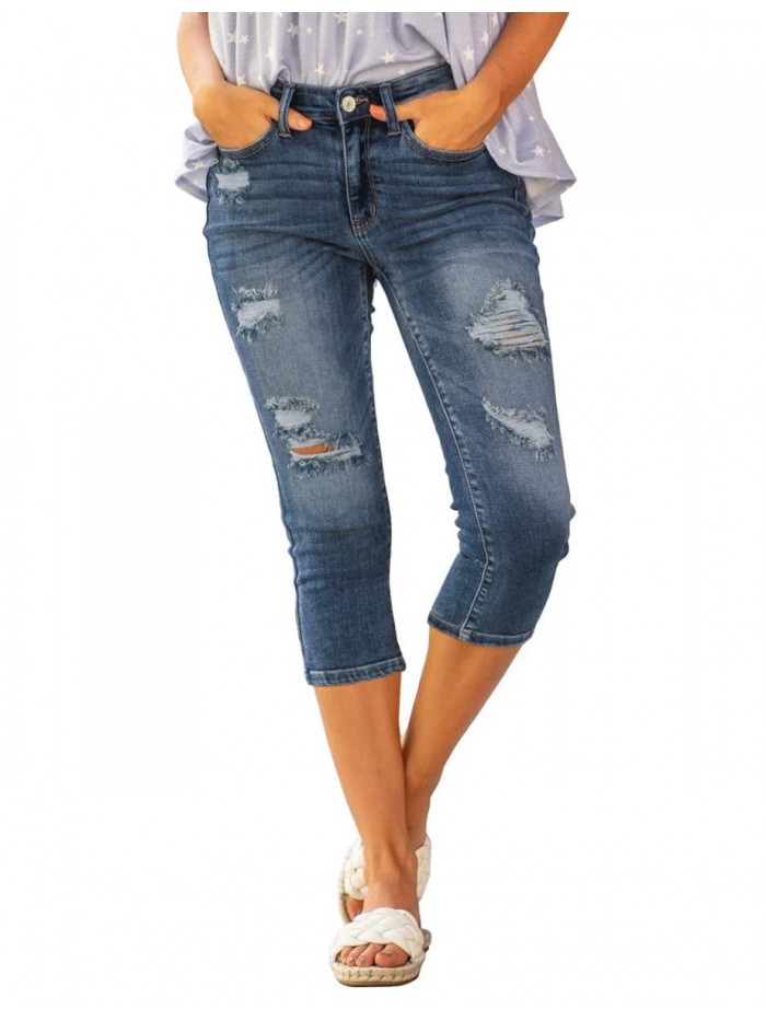 Women's High Waisted Casual Ripped Skinny Slim Fit Stretch Denim Capri Jeans 