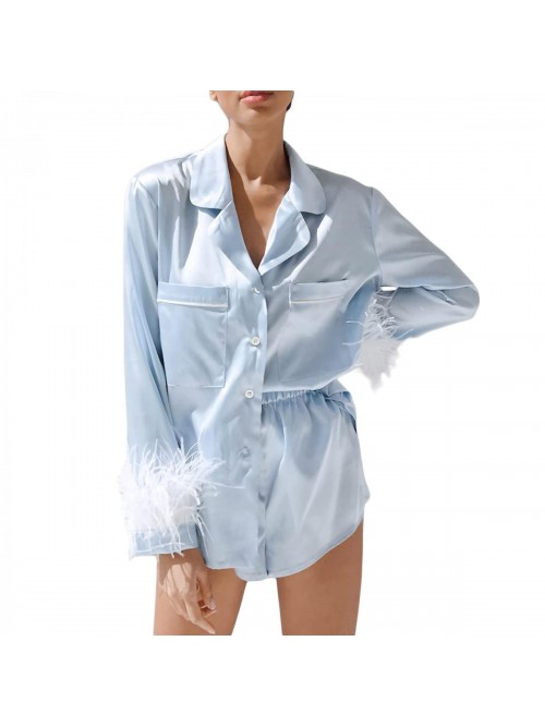 Pajamas Set Silk Satin Sleepwear Long Sleeve Feath...
