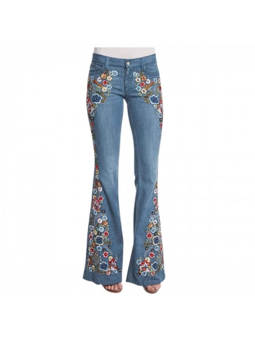 Bottom Flare Jeans for Womens Chic Floral Embroide...