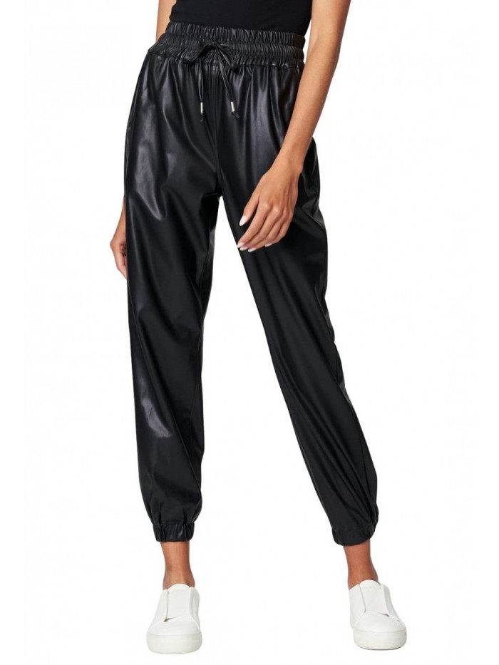 Womens Luxury Clothing Vegan Leather Joggers with Elastic Waistband, Comfortable & Stylish Pant 