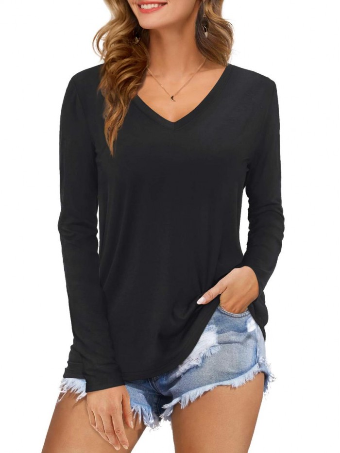 Womens Tshirts V Neck Short/Long Sleeve Tops Tee Solid Color Blouse 