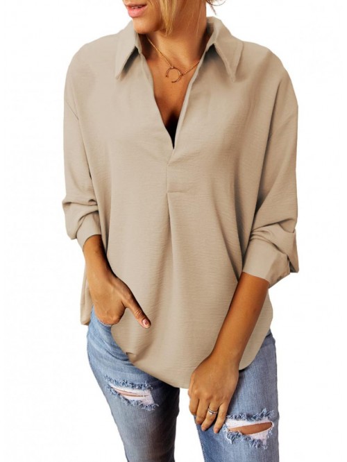 Women Business Cuffed Sleeves Casual V Neck Henley...