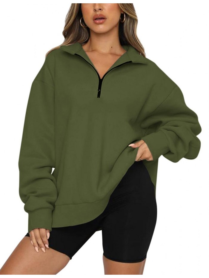Women’s Oversized Half Zip Sweatshirt Drop Shoulder Long Sleeves Collar Quarter 1/4 Zipper Pullover 