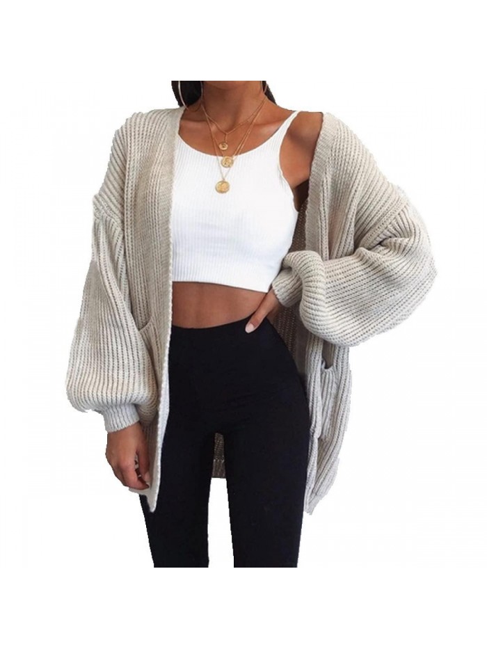 Women's Open Front Cardigan Oversized Lantern Sleeve Solid Color Chunky Knit Sweater Coat with Pockets 