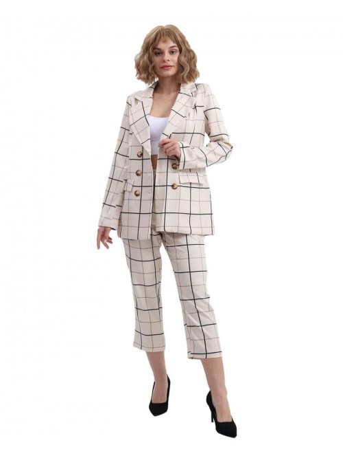 Women's Blazer 2 Piece Plaid Suits Long Sleeve Sui...