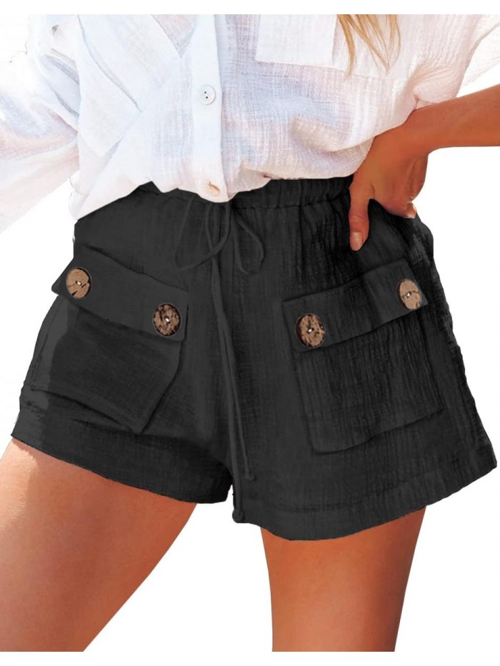Summer Beach Shorts for Women Elastic High Waist Casual Loose Button Detail Cotton Comfy Shorts with Pockets 