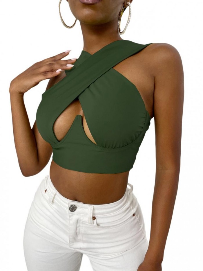 Women's Crisscross Cut Out Vest Halter Wrap Crop Top Solid Cami Tank Tops 