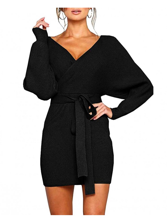 Mansy Women's Sexy Cocktail Batwing Long Sleeve Backless Mock Wrap Knit Sweater Mini Dress