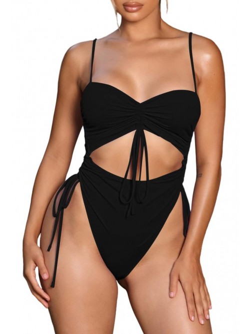 Women's Cut Out Drawstring One Piece Swimsuit Chee...