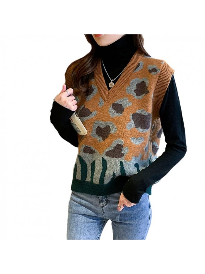 Pullover Sweater Vest Autumn And Winter Loose Knitted Sweater Jumpers V Neck Vintage Leopard Wool Sweaters 