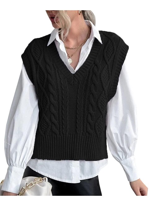 V Neck Sleeveless Crop Sweater Vest Cable Knitted ...