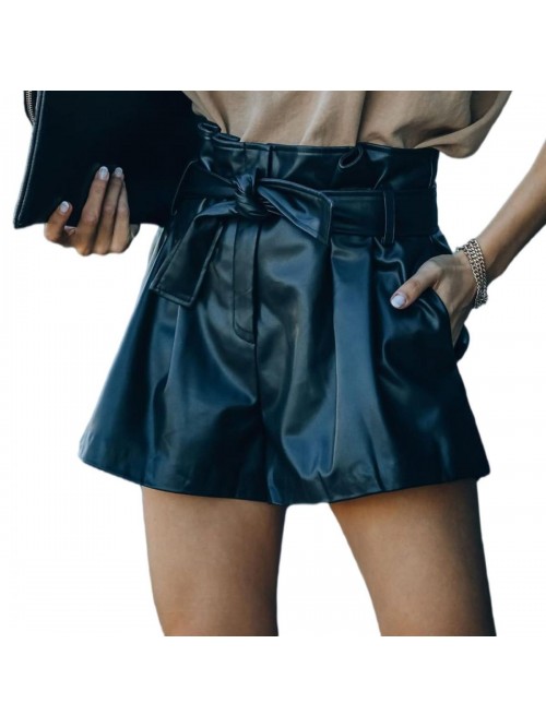 Casual Fashion PU Leather Shorts Solid Color Elast...