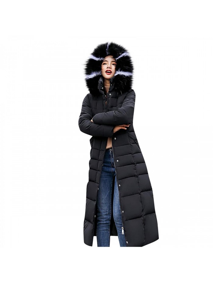 Size Women Long Puffer Jacket Faux Fur Hooded Padded Quilted Down Coat Womens Snap Wrap Warm Maxi Jackets with Belt 