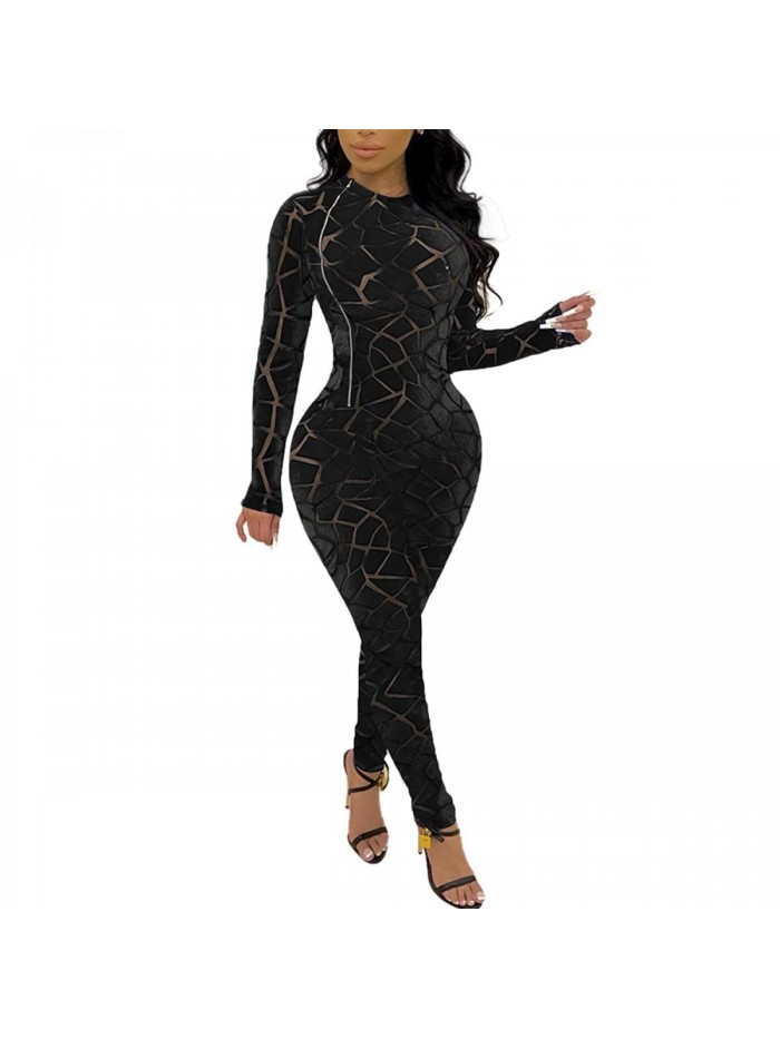 Women's Sexy Bodycon Velvet Jumpsuits Long Sleeve Sheer Mesh Patchwork Side Zipper Party Club Rompers 