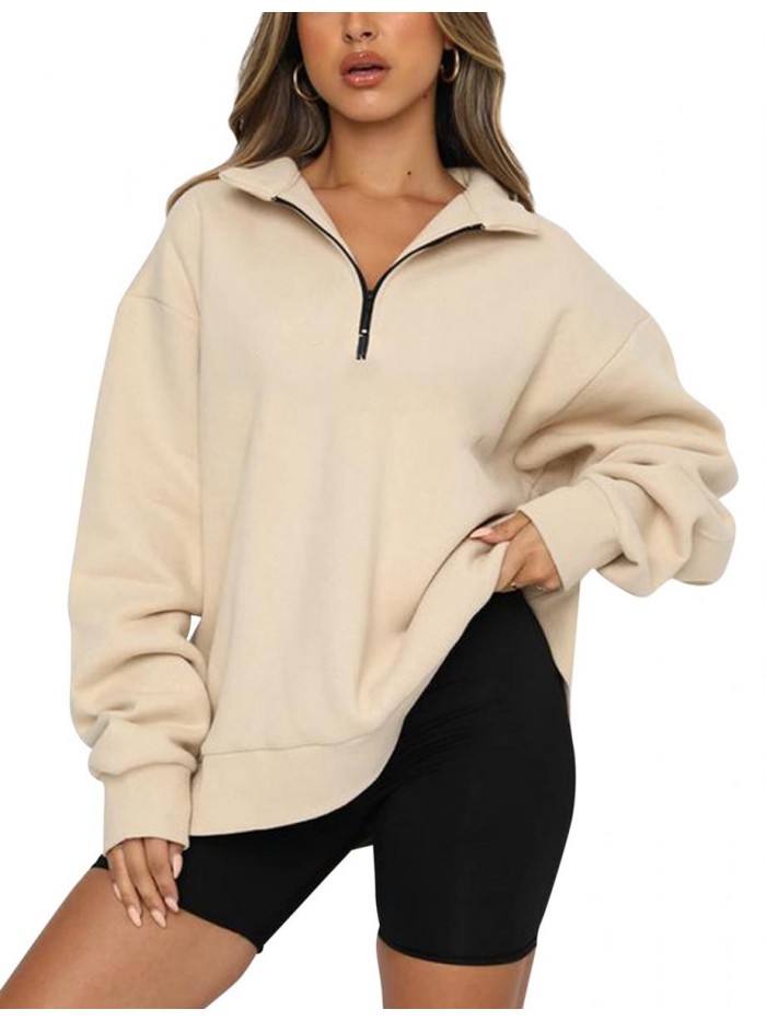 Womens Half Zip Sweatshirt Oversized Long Sleeve Collar Drop Shoulder Solid 1/4 Zipper Pullover Jacket 