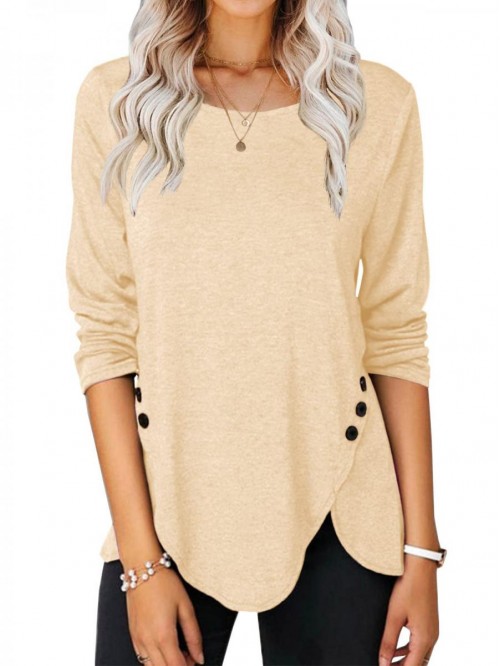 Casual Long Sleeve Blouses Tunic Crew Neck Button ...