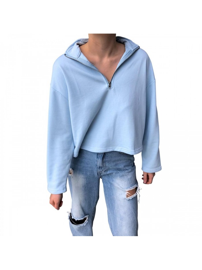 Oversized Half Zip Lapel Sweatshirt Solid Color Casual Long Sleeve Cropped Pullover Top 