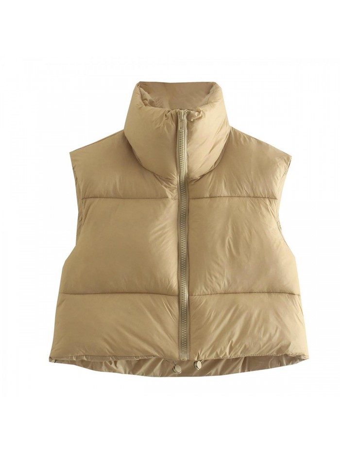 Women's Winter Crop Vest Puffer Lightweight Stand Collar Padded Vest Zip Up Sleeveless Jacket 