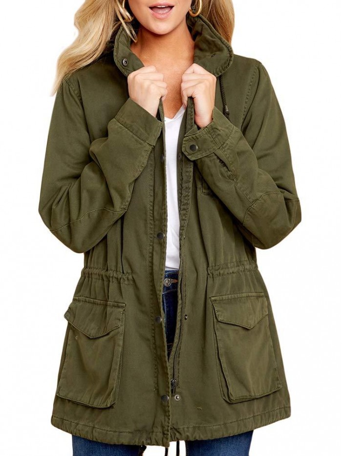 Womens Military Safari Anorak Jacket Hoodies Zip Up Parka Casual Drawstring Coat with Pockets 