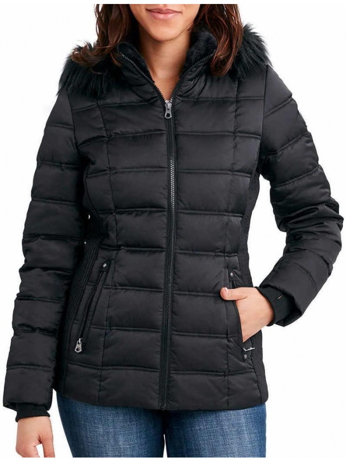Womens Faux Fur Trim Hooded Midweight Puffer Jacket 