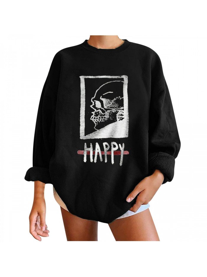 Skeleton Print Oversized Sweatshirts Casual Crewneck Distressed Vintage Fit Pullover Loose Cozy Long Sleeve Tunic Tops 