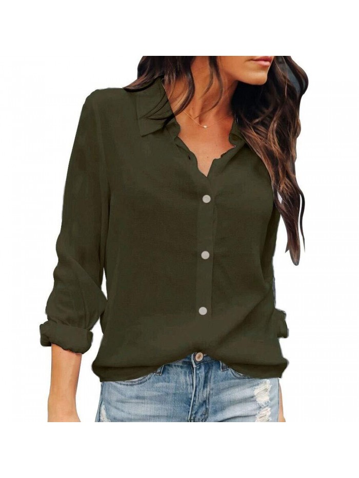 Women Button Down Shirts Long Sleeve Chiffon Office V Neck Casual Business Blouses Tops 