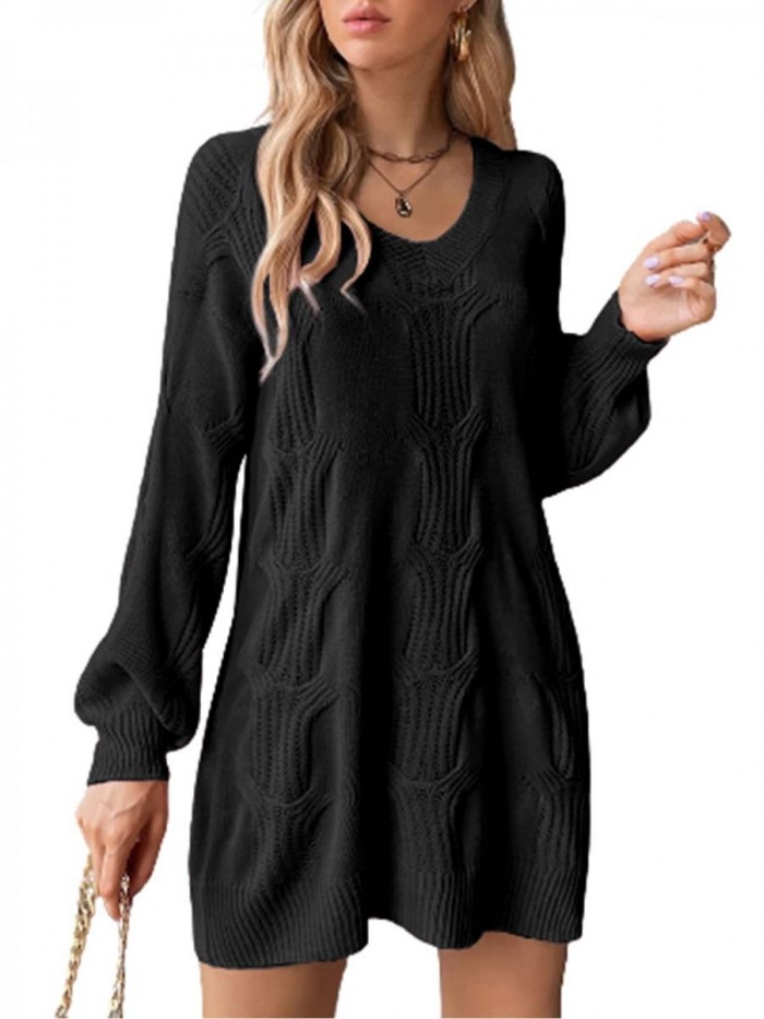 Womens Sweater Dress V Neck Cable Knitted Mini Dress Casual Loose Pullover Sweater 
