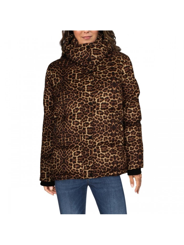Women's Leopard Print Quilted Short Puffer Winter Puffer Coat 