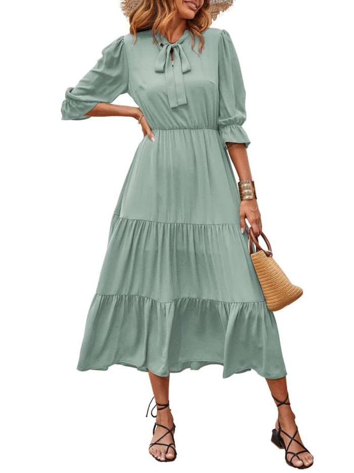 Women Casual Short Sleeve Crew Neck Maxi Dress Solid Color Tie Neck Loose Summer Dresses Boho Flowy Vintage Dress 