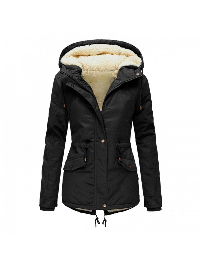 Womens Coat Autumn Winter Hoodie Faux-Fur Warm Inside Fleece Padded Jacket Coat Slim Zipper Hooded Jacket 