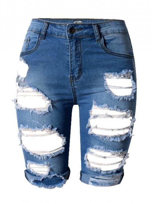 Womens High Waist Ripped Hole Washed Distressed Sh...