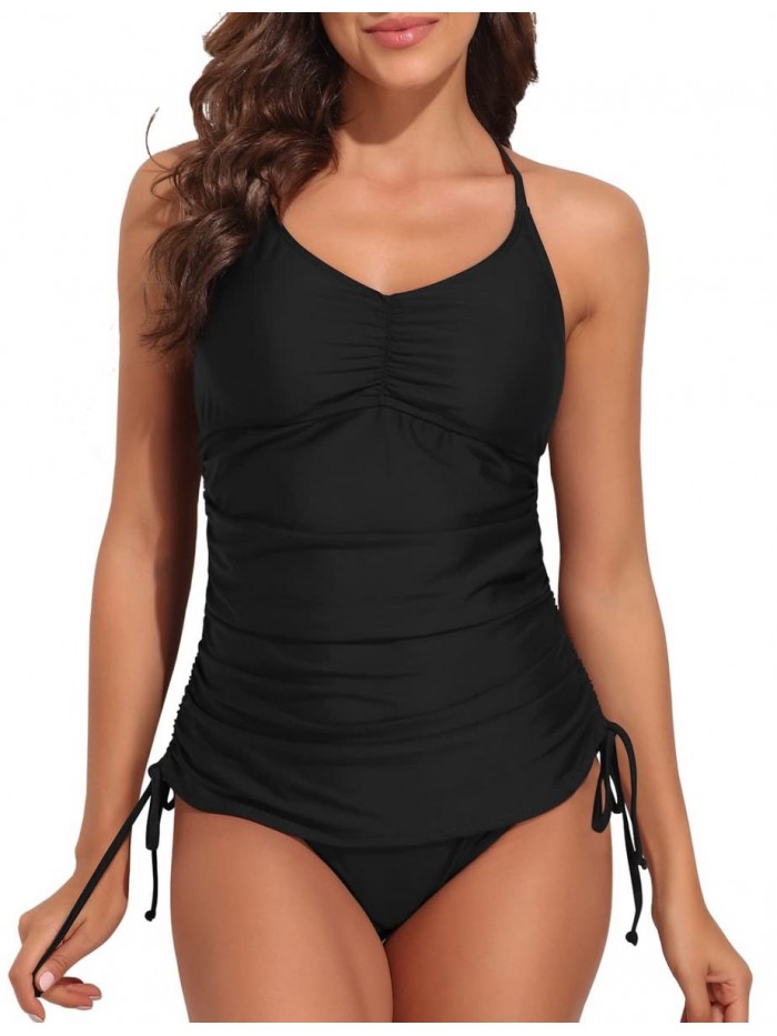 Tankini Swimsuits for Women with Shorts Strappy Back Two Piece Bathing Suit Drawstring Ruched Tummy Control Swimwear 