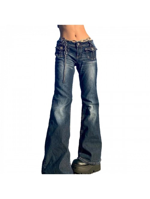 Womens Jeans Low Rise Denim Bell Bottom Cargo Pant...