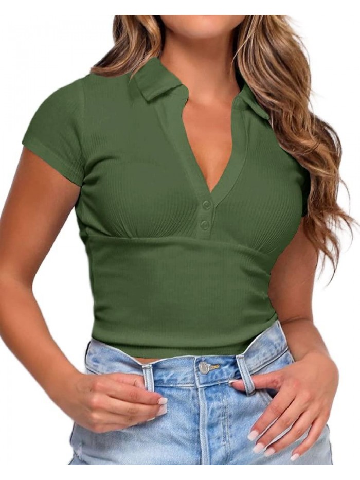 Women's Tight Short Sleeve Crop Tops Button Front Polo Collar V Neck Casual Solid Ribbed Blouses T Shirts Tees 
