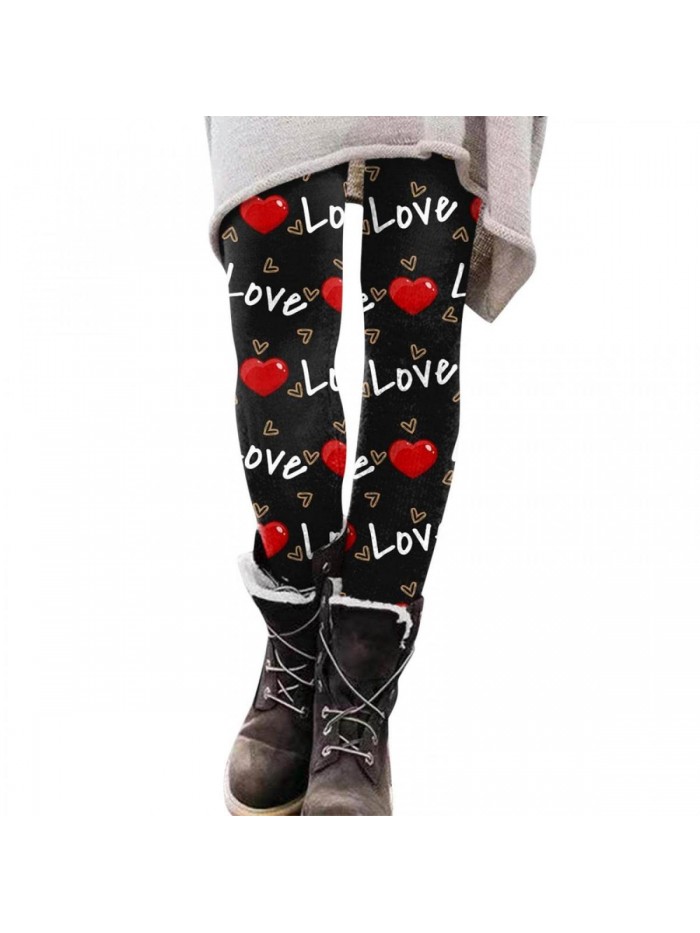 Women Valentine's Day Leggings Romantic Heart Print Beauty Slim Bottoming Plus Size Multicolor Long Boot Pants 