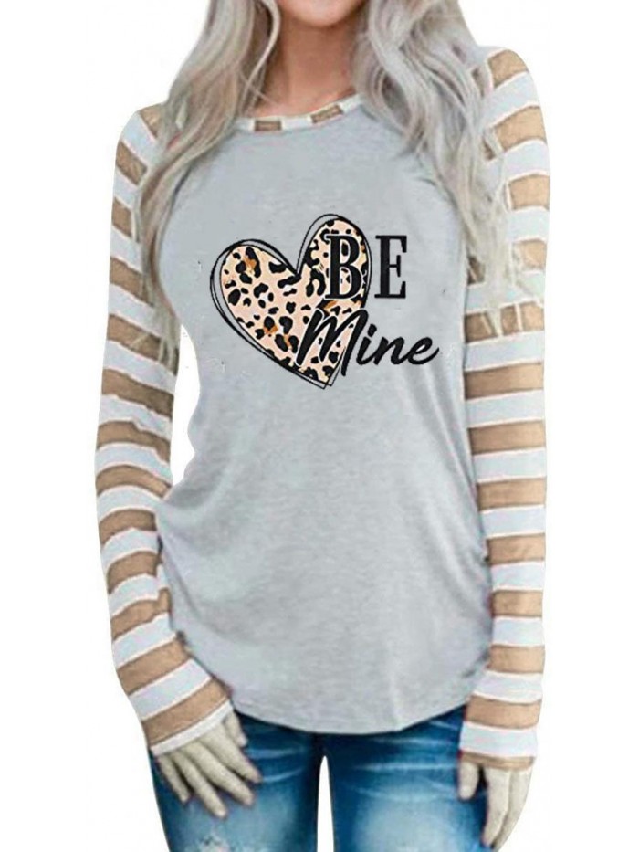 Womens Love Heart T-Shirts Long Raglan Striped Sleeve Shirts Plaid Leopard Heart Valentine's Day Baseball Tunic Tops 