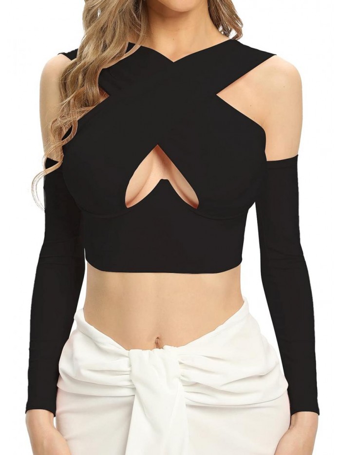Women's Cut Out Crisscross Halter Vest Wrap Crop Top Sexy Blouse with Long Sleeve 