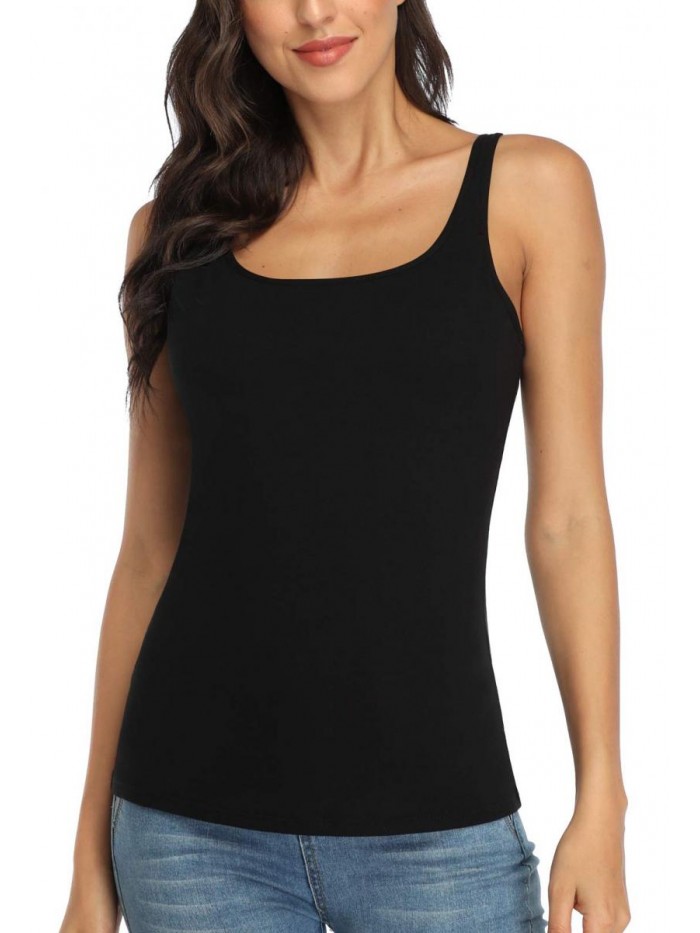 FOR CITY Women's Cotton Tank Top with Shelf Bra Adjustable Wider Strap Camisole Basic Undershirt 