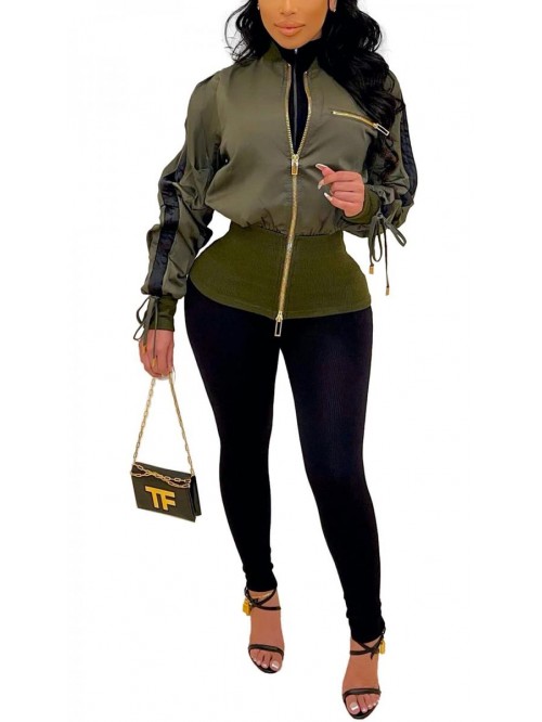 Short Puffer Jackets Long Sleeve Solid Color Stand...