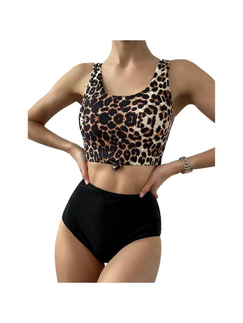 Women's Scoop Neck Tropical Leaf Knotted Two Piece...