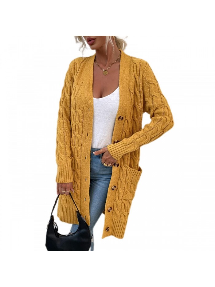 Womens Open Front Sweaters Solid Color Long Sleeve Cable Knit Long Cardigan Button Pockets Sweater Outerwear 