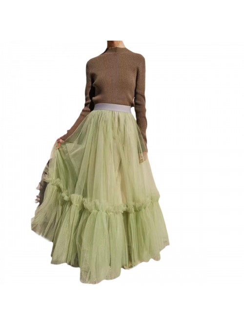 Floor Long Yarn Skirt High Waist Solid Color Multi...