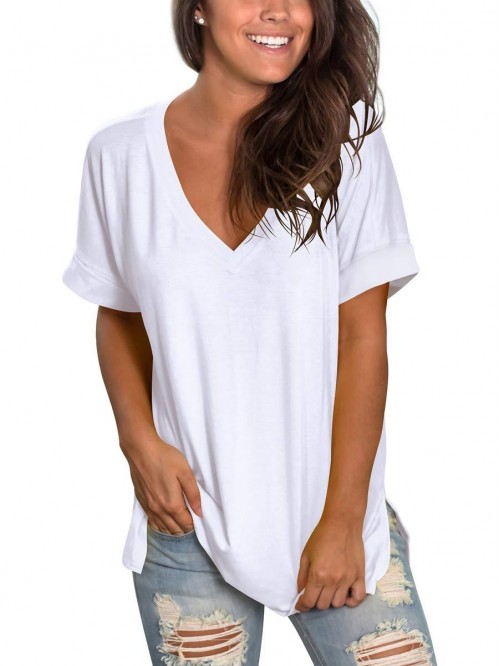 SAMPEEL Women's V Neck T Shirt Rolled Sleeve Side ...