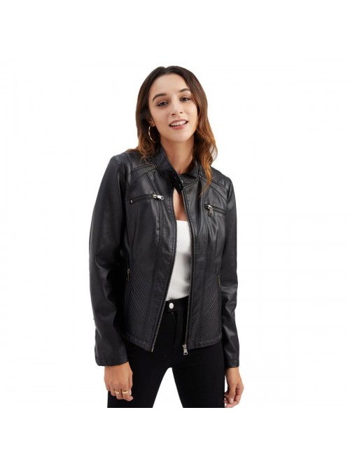 Faux Leather Jacket Women Slim Fit Soft Moto Jacke...
