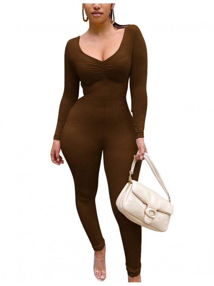 Women's Sexy Long Sleeve Bodycon One Piece Jumpsuits Club Outfits V Neck Ruched Rompers 