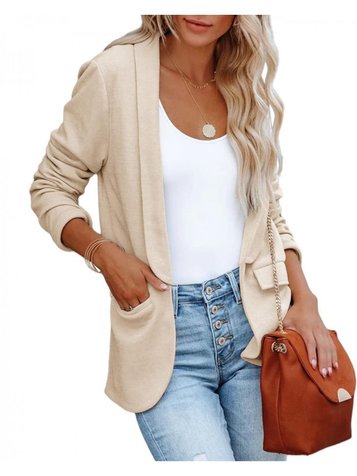 Casual Open Front Blazer Long Sleeve Work Office Suit Jacket Waffle Knit Lapel Coat Tops with Pocket 