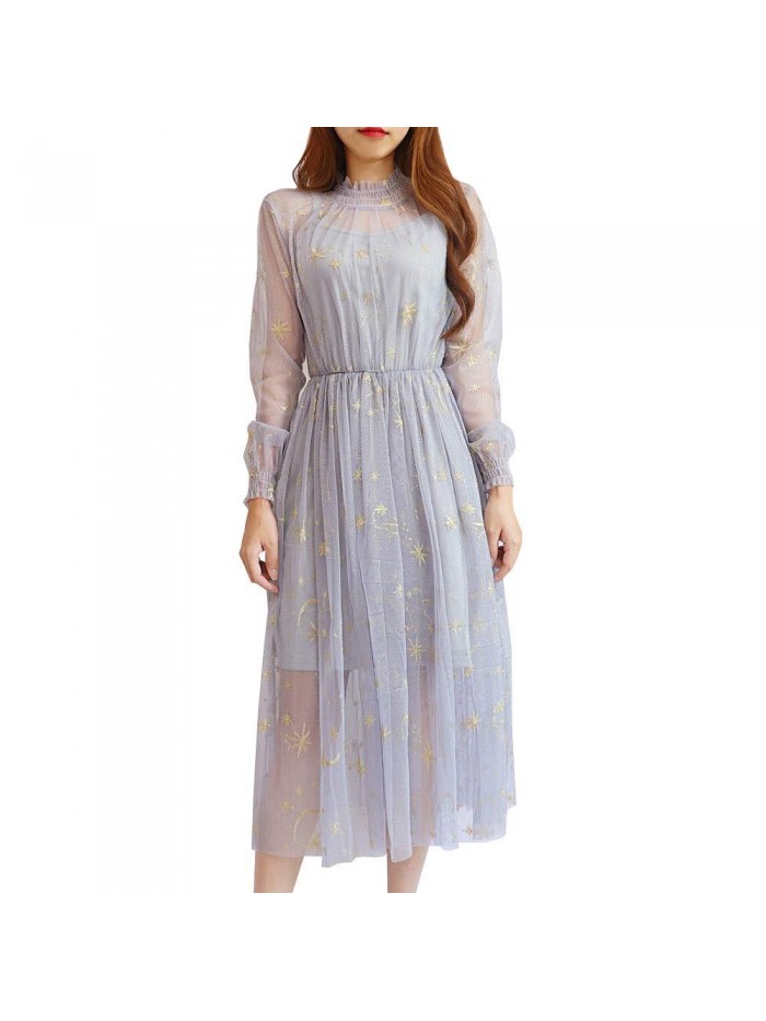 Women Summer Chiffon Dress Stars Moon Print Embroidered Skirt Long Puff Sleeve Princess Dress 