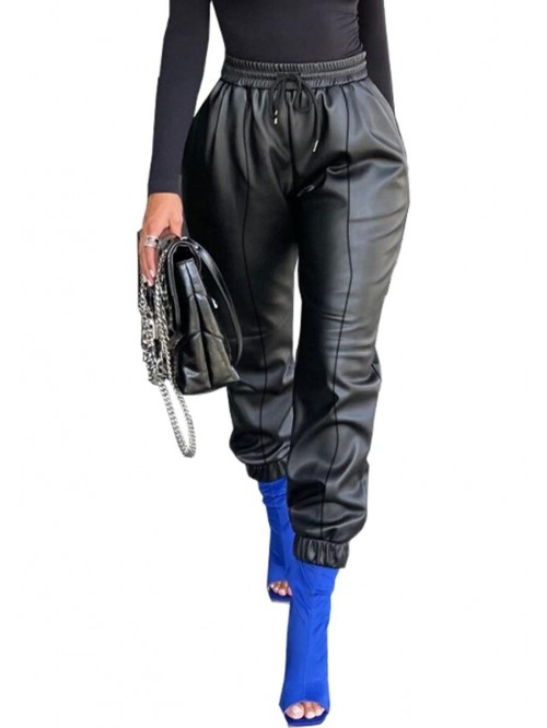 Women's Faux Leather High Waist Joggers Pants with...