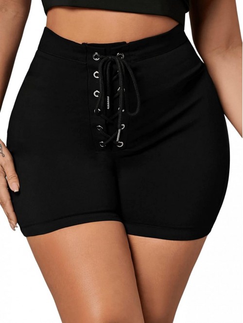 Women's Casual Lace Up Front Tie Knot High Waist S...