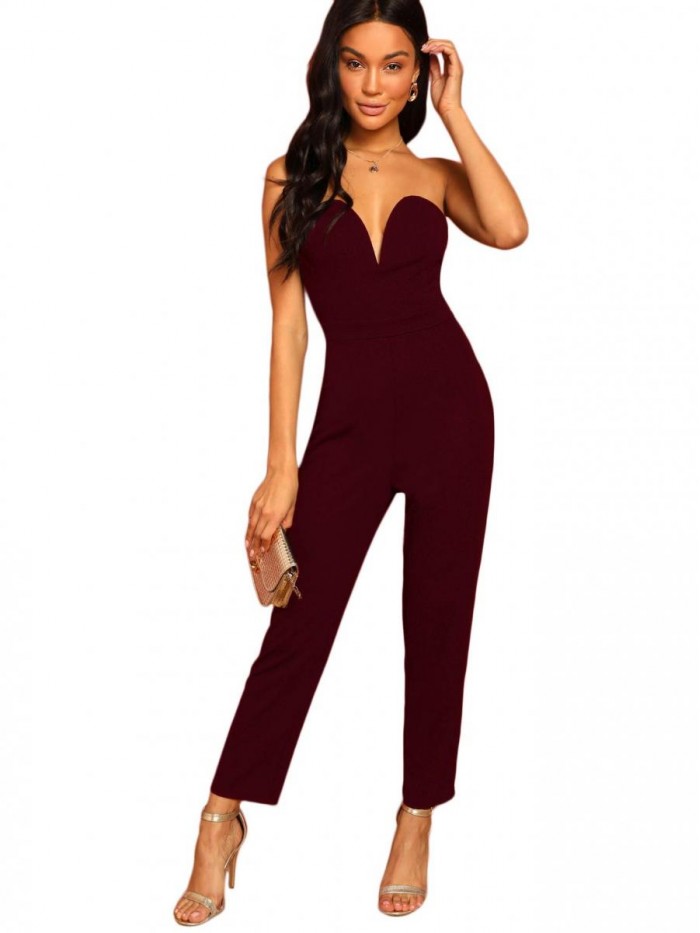 Women's Elegant Sweetheart Neck Strapless Stretchy Party Romper Jumpsuit 
